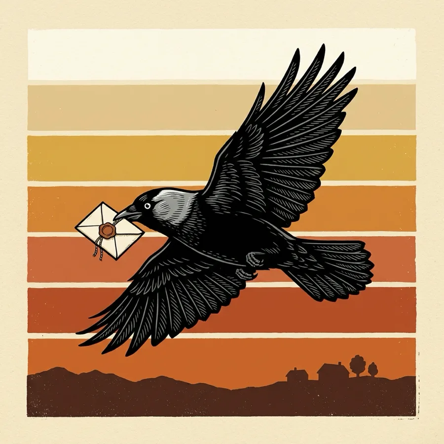 A screen-printed jackdaw in full flight against bands of sunset colour, carrying a wax-sealed envelope in its beak over dark hills and two small rooftops.