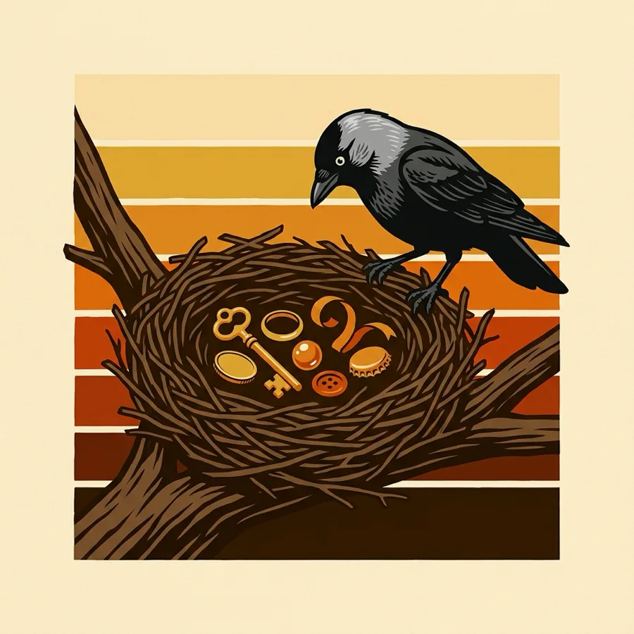 A screen-printed twig nest holding a collection drawn in gold: a key, a ring, a coin, a bead, a button and a bottle cap, with a jackdaw leaning over to look at them.