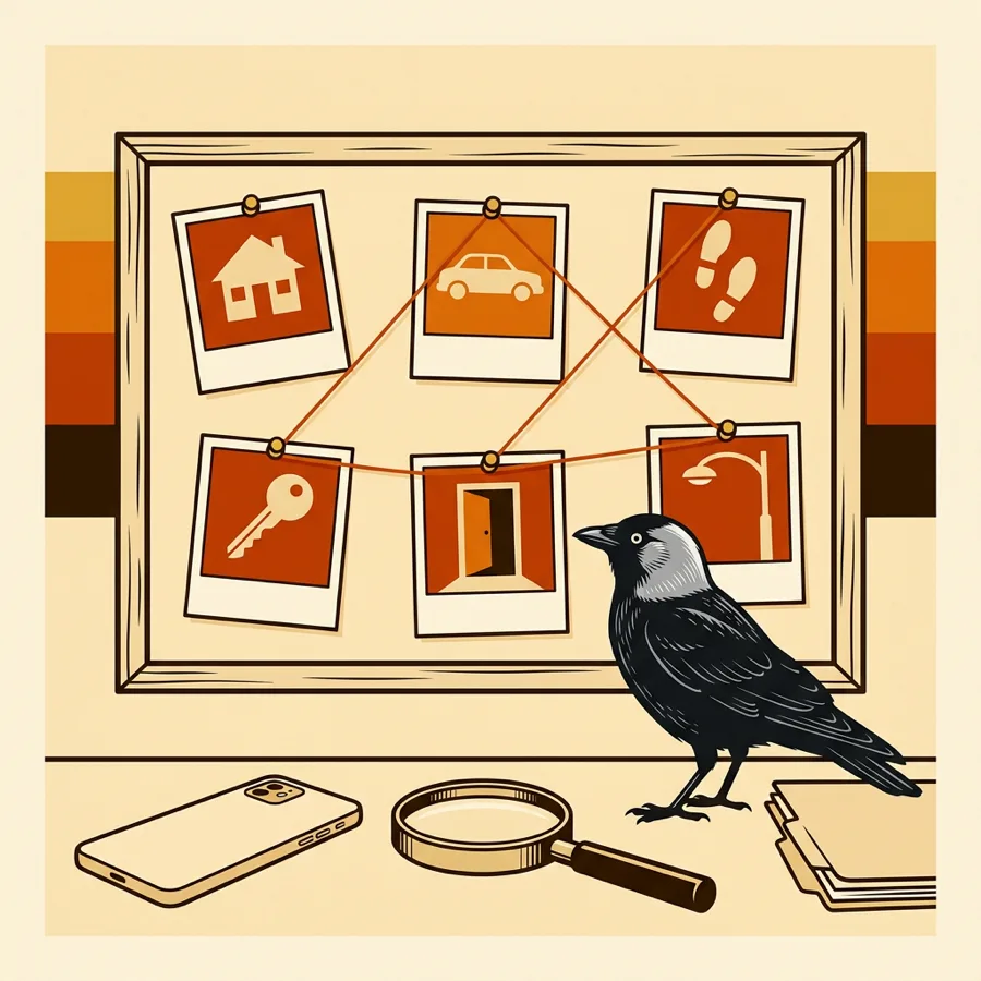 A screen-printed evidence board with six instant photos of a house, a car, footprints, a key, a doorway and a street lamp, joined by rust-coloured string. A jackdaw on the desk below studies it beside a phone, a magnifying glass and a stack of folders.
