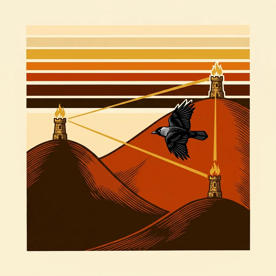 Screen-printed hills topped by three stone beacon towers with fires burning, joined by straight beams of gold light. A jackdaw flies between two of the towers.
